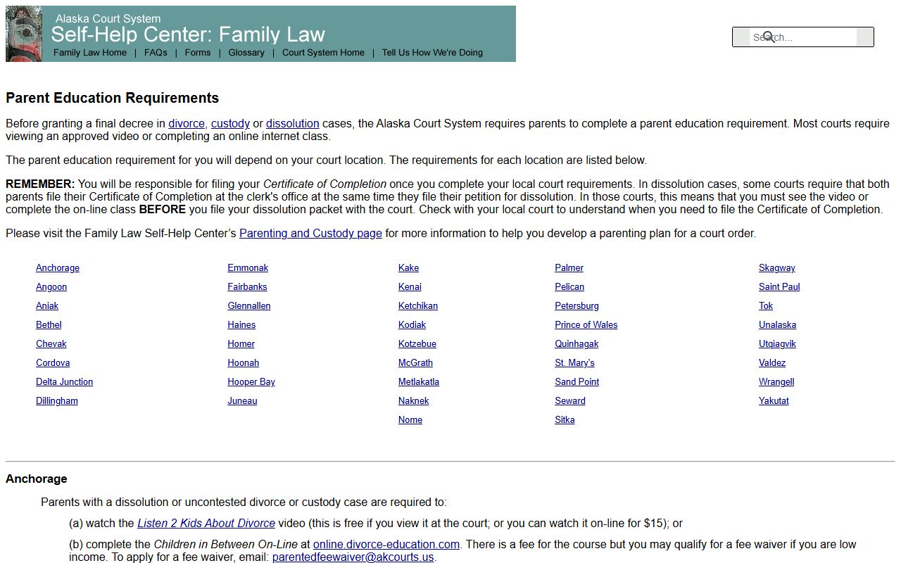 Sitka City and Borough parent education requirements for divorce cases with children
