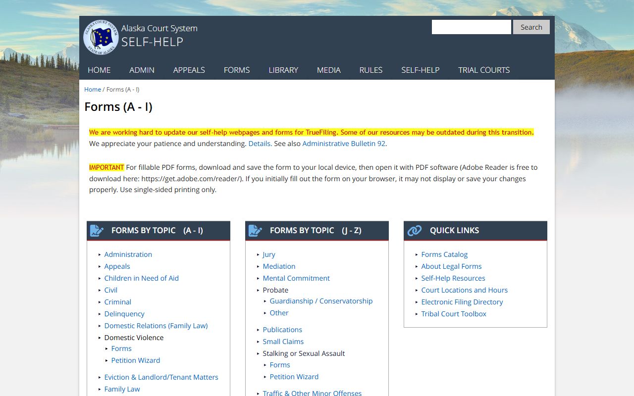 Alaska Court System divorce decree forms catalog