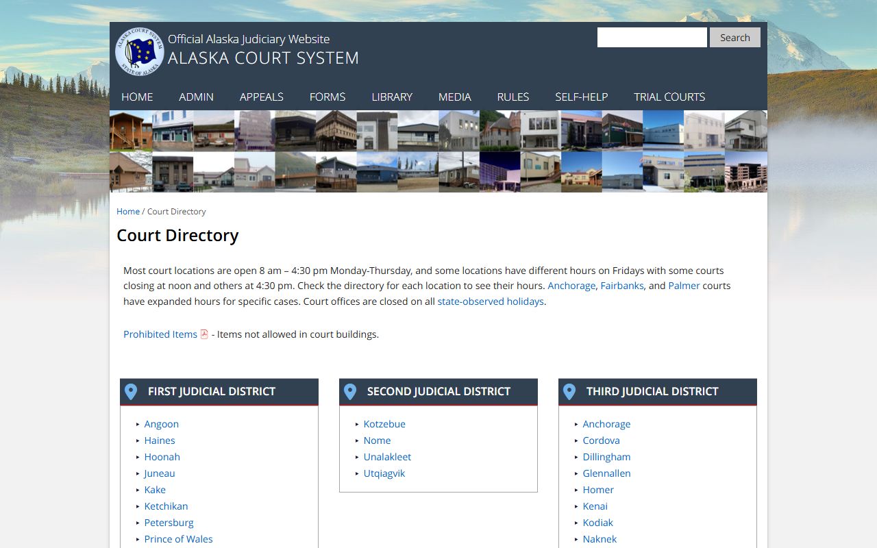 Alaska court directory listing all Superior Court locations for divorce decrees