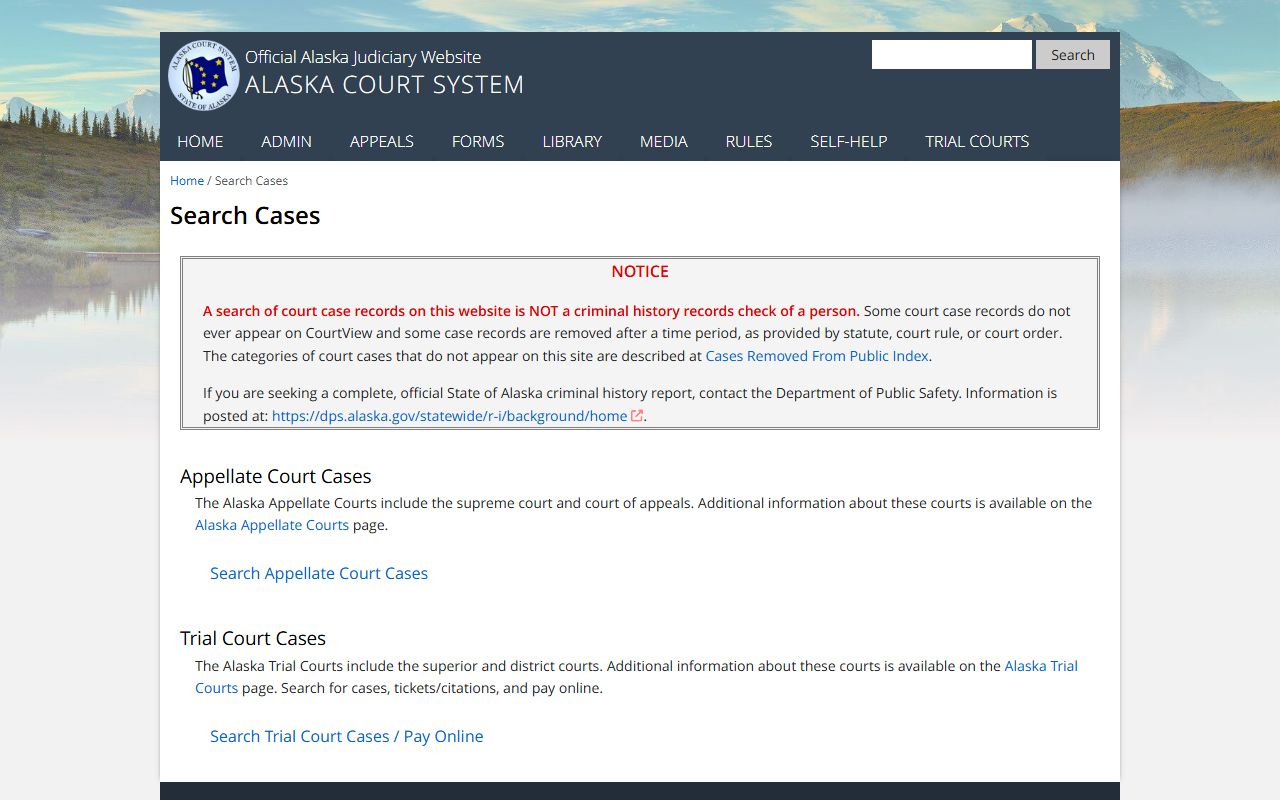 Alaska CourtView public access portal for divorce decree case search