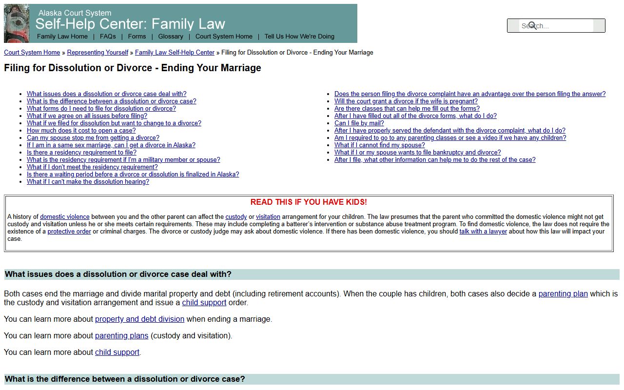 Alaska Family Law Self-Help Center for divorce decree information